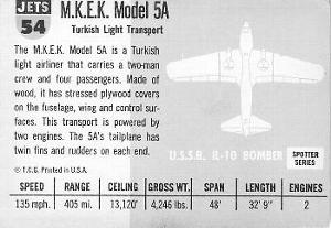 1956 Topps Jets (R707-1) #54 M.K.E.K. Model 5A           Turkish light transport Back