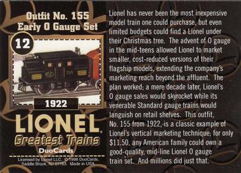 1998 DuoCards Lionel Greatest Trains #12 1922  Outfit No. 155 Early O Gauge Set Back
