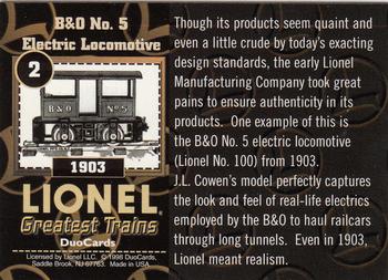 1998 DuoCards Lionel Greatest Trains #2 1903  B&O No. 5 Electric Locomotive Back