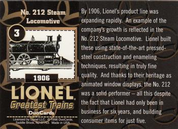 1998 DuoCards Lionel Greatest Trains #3 1906  No. 212 Steam Locomotive Back