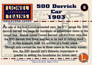 1997 DuoCards Lionel Legendary Trains #6 500 Derrick Car 1903 Back