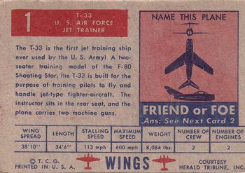 1952 Topps Wings Friend or Foe (R707-4) #1 T-33 Back
