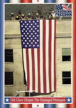 2001 Topps Enduring Freedom #4 Old Glory Drapes The Damaged Pentagon Front