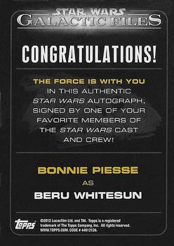 2012 Topps Star Wars: Galactic Files - Autographs #NNO3 Bonnie Piesse Back