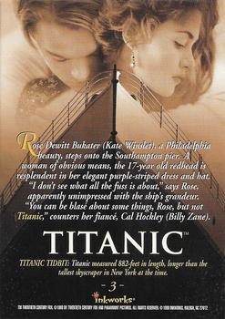 1998 Inkworks Titanic (Movie) #3 Rose Dewitt Bukater (Kate Winslet), a Philadelphia beauty... Back