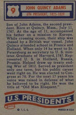 1956 Topps U.S. Presidents (R714-23) #9 John Quincy Adams Back