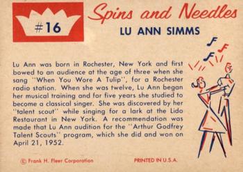 1960 Fleer Spins and Needles #16 Lu Ann Simms Back
