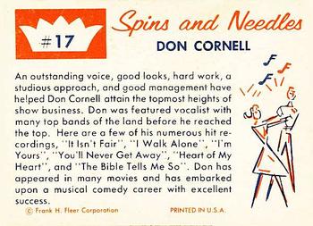 1960 Fleer Spins and Needles #17 Don Cornell Back