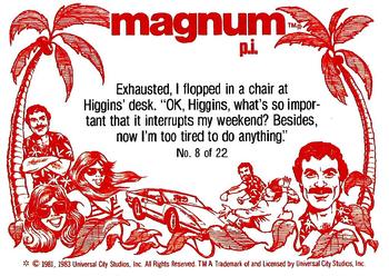1983 Donruss Magnum P.I. #8 Exhausted, I flopped in a chair at Higgins' desk. Back