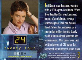 2003 Comic Images 24 Season 1 & 2 #3 Teri Bauer (played by Leslie Hope) Back