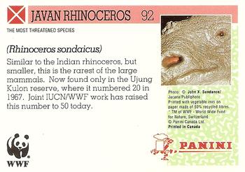 1992 Panini Wildlife In Danger #92 Javan Rhinoceros Back