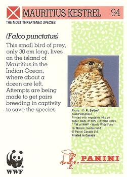 1992 Panini Wildlife In Danger #94 Mauritius Kestrel Back