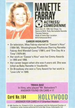 1991 Starline Hollywood Walk of Fame #184 Nanette Fabray Back