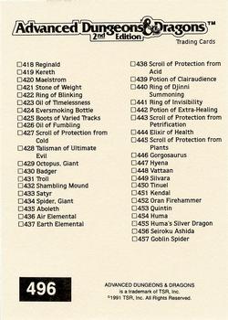 1991 TSR Advanced Dungeons & Dragons - Silver #496 Checklist 11 -- 418-457 Back