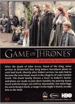 2012 Rittenhouse Game of Thrones Season 1 #02 After the death of John Arryn, Hand of the King... Back
