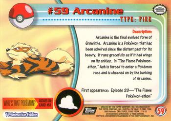 1999 Topps Pokemon TV Animation Edition Series 1 - Black Topps Logo #59 Arcanine Back