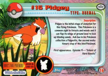 1999 Topps Pokemon TV Animation Edition Series 1 #16 Pidgey Back