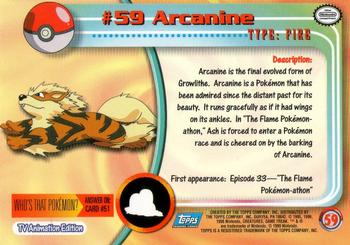 1999 Topps Pokemon TV Animation Edition Series 1 #59 Arcanine Back