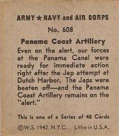 1942 Army, Navy and Air Corps (R18) #608 Panama Coast Artillery Back