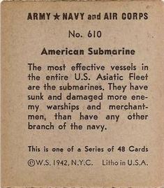 1942 Army, Navy and Air Corps (R18) #610 American Submarine Back