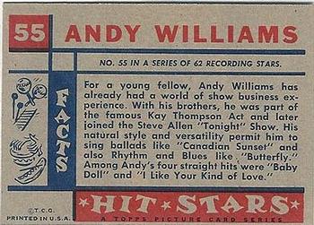 1957 Topps Hit Stars #55 Andy Williams Back