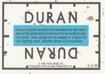 1985 Topps Duran Duran #2 Duran Duran - Band Back