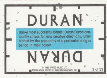 1985 Topps Duran Duran #3 Duran Duran - Simon Le Bon / Andy Taylor Back
