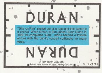 1985 Topps Duran Duran #7 Duran Duran - Band Back