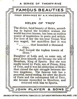 1937 Player's Famous Beauties #1 Helen of Troy Back