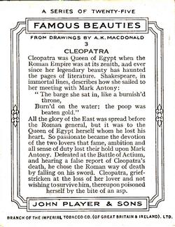 1937 Player's Famous Beauties #3 Cleopatra Back