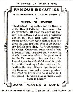1937 Player's Famous Beauties #5 Queen Guinevere Back