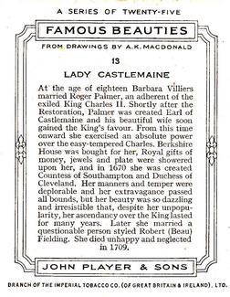 1937 Player's Famous Beauties #13 Lady Castlemaine Back