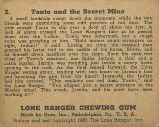 1940 Gum Inc. Lone Ranger (R83) #2 Tonto and the Secret Mine Back