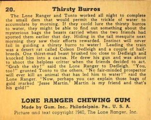 1940 Gum Inc. Lone Ranger (R83) #20 Thirsty Burros Back
