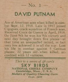 1934 National Chicle Sky Birds (R136) #1 David Putnam Back