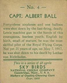 1934 National Chicle Sky Birds (R136) #4 Capt. Albert Ball Back