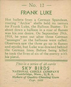 1934 National Chicle Sky Birds (R136) #12 Frank Luke Back