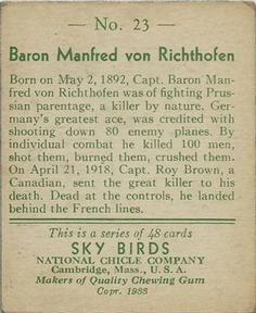 1934 National Chicle Sky Birds (R136) #23 Baron Manfred von Richthofen Back