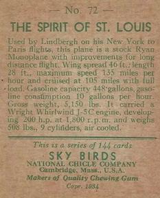 1934 National Chicle Sky Birds (R136) #72 The Spirit of St. Louis Back