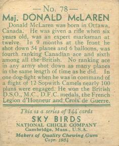 1934 National Chicle Sky Birds (R136) #78 Maj. Donald McLaren Back