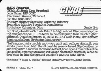 1986 Hasbro G.I. Joe Action Cards #7 Rip Cord Back