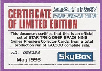 1993 SkyBox Star Trek: Deep Space Nine Premiere #NNO Certificate of Limited Edition Front
