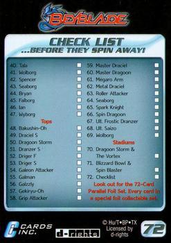 2003 Cards Inc. Beyblade - Foil #72 Check List Back