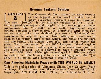 1939 Gum Inc. World In Arms (R173) #Airplanes 2 German Junkers Bomber Back