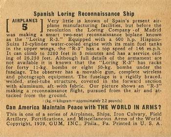 1939 Gum Inc. World In Arms (R173) #Airplanes 5 Spanish Loring Reconnaissance Ship Back