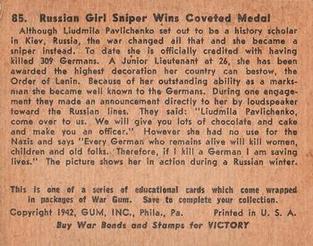1942 War Gum (R164) #85 Russian Girl Sniper wins Coveted Medal Back