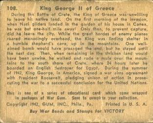 1942 War Gum (R164) #108 King George II of Greece Back