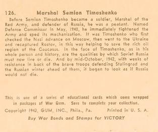 1942 War Gum (R164) #126 Marshall Semion Timoshenko Back