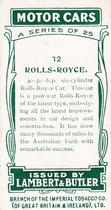 1922 Lambert & Butler Motor Cars #12 Rolls-Royce Back