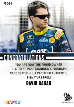 2015 Press Pass Cup Chase - Press Pass Signings Red #PPS-DR David Ragan Back